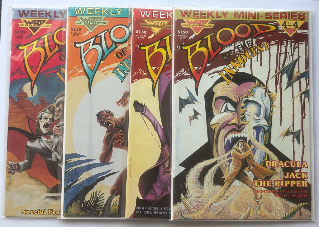 Blood of the Innocent #1 to 4 Complete Set with 4 x B/W Preview Editions Warp Graphics 1985/6