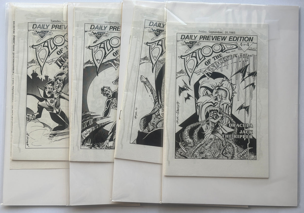 Blood of the Innocent #1 to 4 Complete Set with 4 x B/W Preview Editions Warp Graphics 1985/6