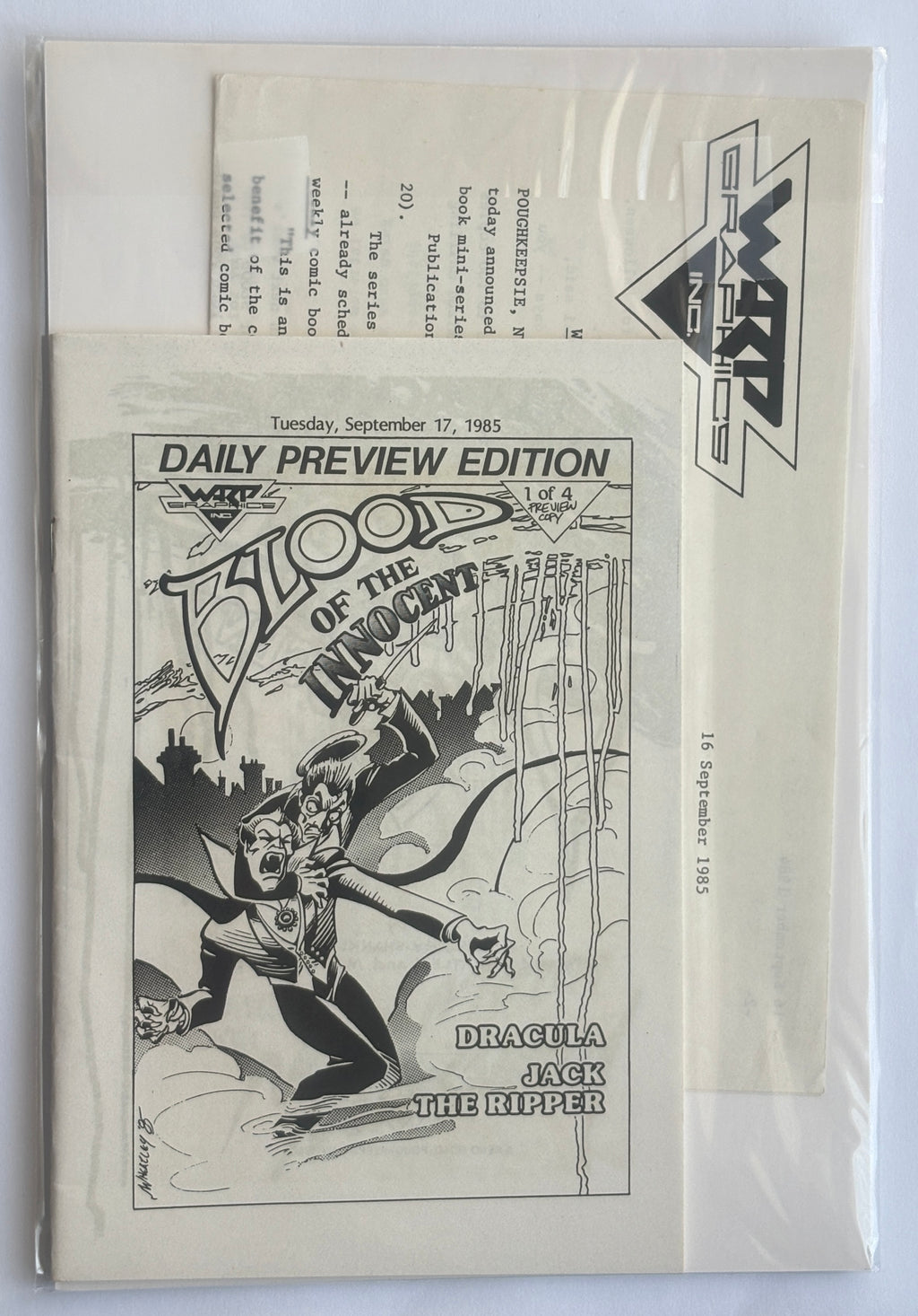 Blood of the Innocent #1 to 4 Complete Set with 4 x B/W Preview Editions Warp Graphics 1985/6