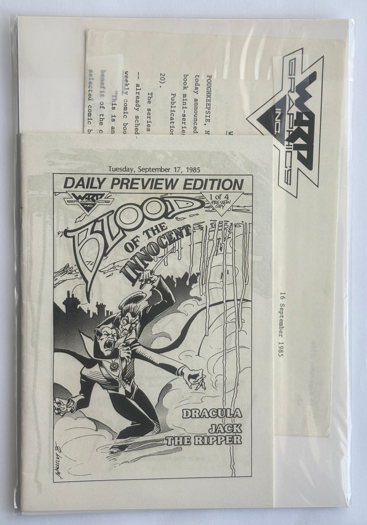 Blood of the Innocent #1 to 4 Complete Set with 4 x B/W Preview Editions Warp Graphics 1985/6