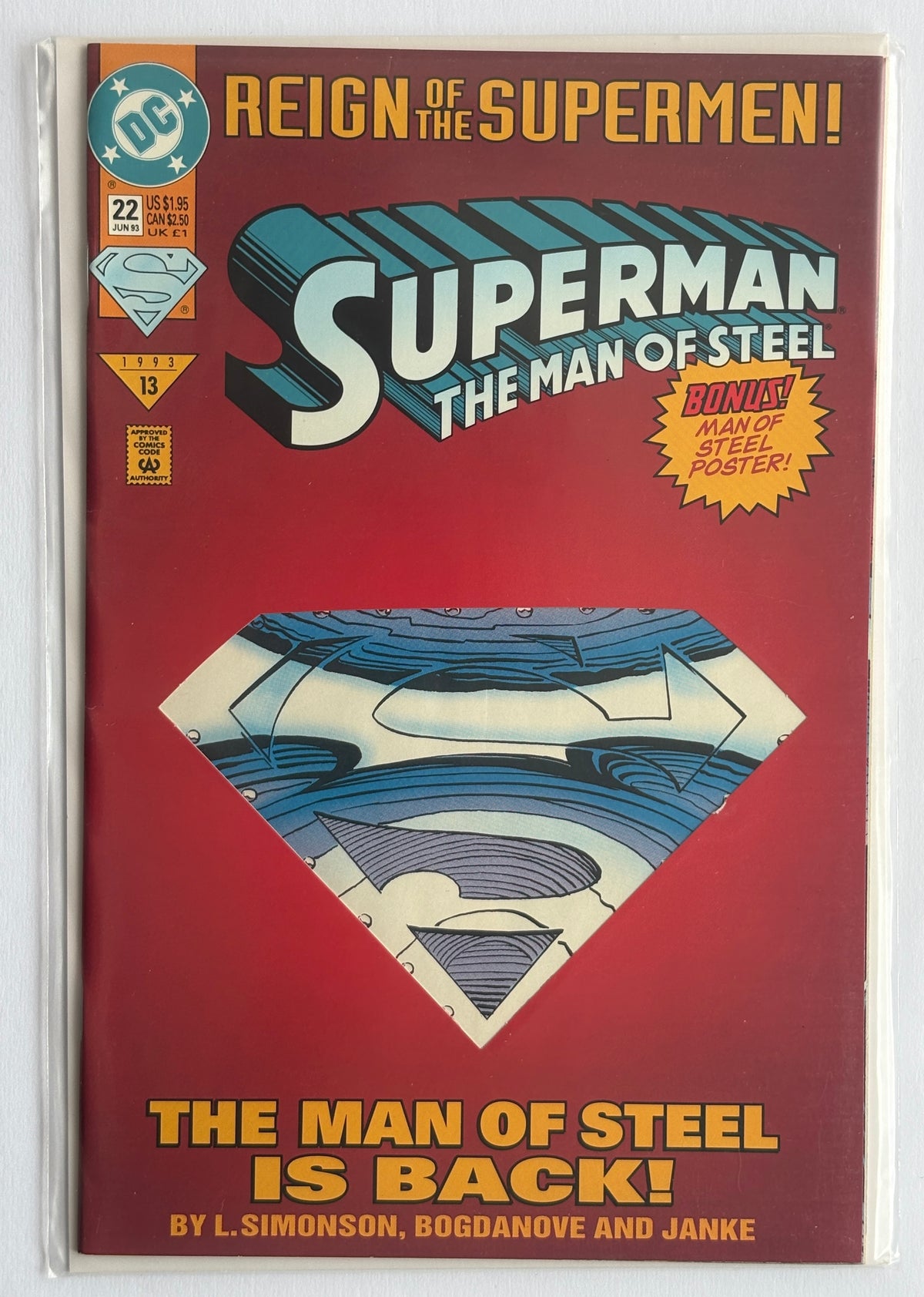 Superman The Man of Steel #22 - Bonus Poster inside - June 1993 VF+ 8.5