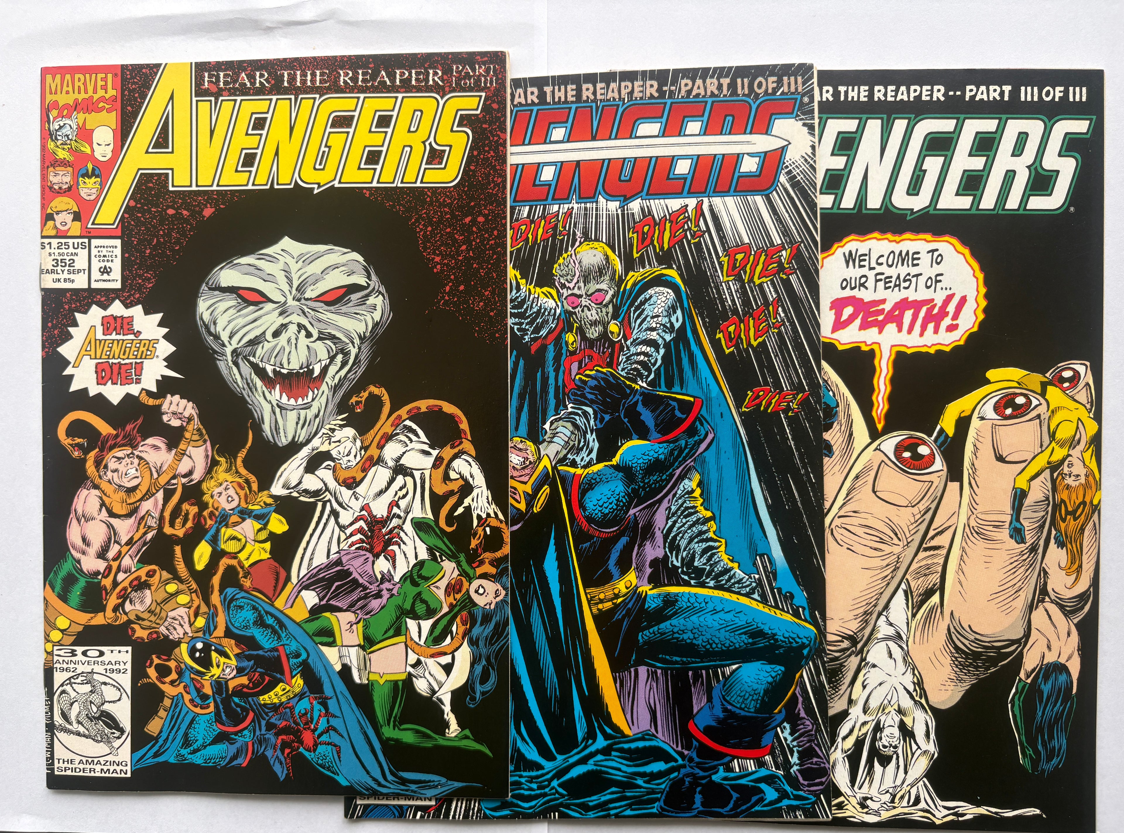 Avengers Fear the Reaper 3 part Set - 352, 353, 354 Marvel 1992 VF- 7.5