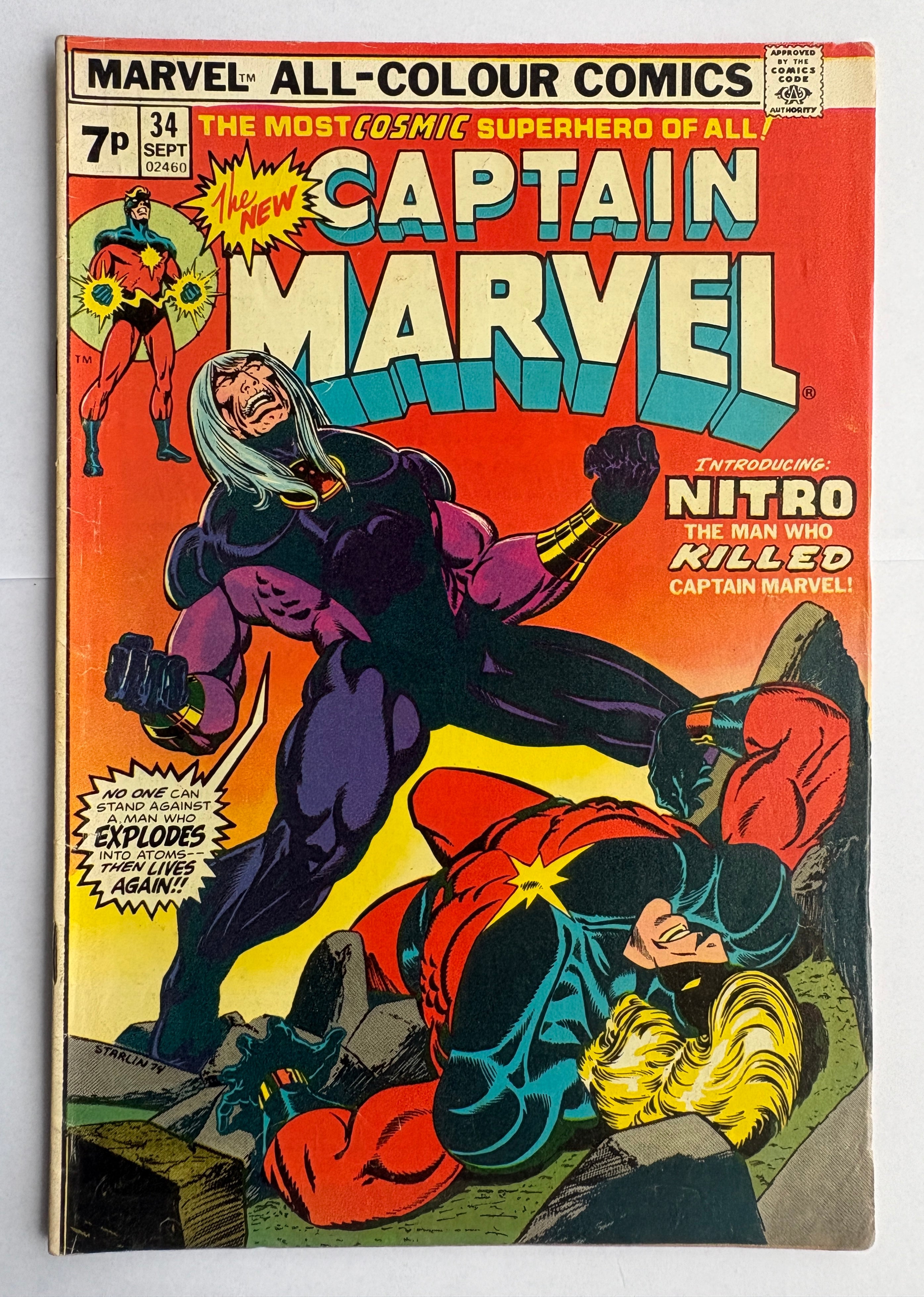 Captain Marvel #34 - 1st App Nitro - UK Variant - September 1974 FN+ 6.5