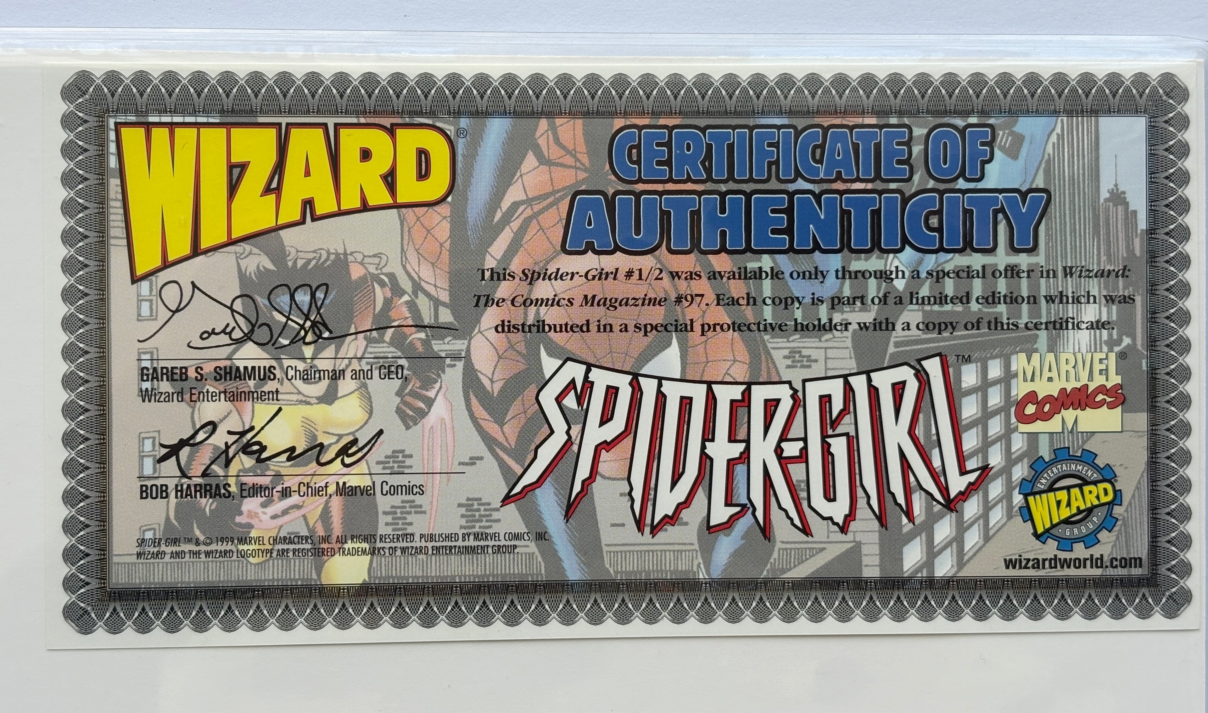 Spider-Girl #1/2 - 1st Print Wizard Variant Inc Certificate Marvel 1999 VF+ 8.5